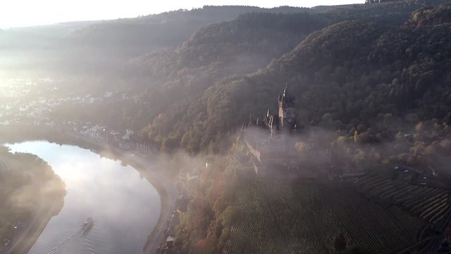 Autumnal Aerial View of Cochem Town in Germany and the Castle Overlooking the River