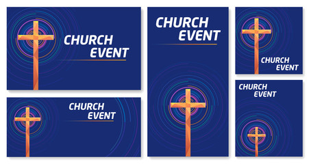 Vector set of blank banner Cross Church event Colorful abstract circles blue background