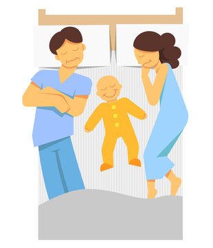 A vector color image of a mother and father sleeping with a baby on a bed.