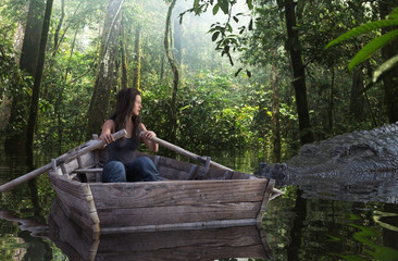 Giant crocodile attack a woman on row boat in the lake,3d illustration conceptual