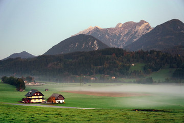 Scenic foggy landscape of the Austrian Alps, Europe