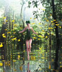 3d rendering of a fairy flying in a magical forest surrounded by flock butterflies