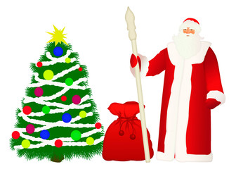 Picture with Santa Claus and Christmas tree with toys in winter and a bag with gifts on a  background. Illustration