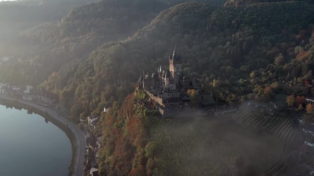 Autumnal Aerial View of Cochem Town in Germany and the Castle Overlooking the River