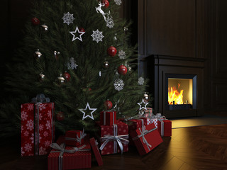 Christmas Interior, Xmas Tree Fireplace Light