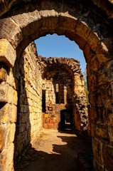 Fototapeta na wymiar Inside medieval ruin of Kirkstall Abbey in Leeds. Great Britain.