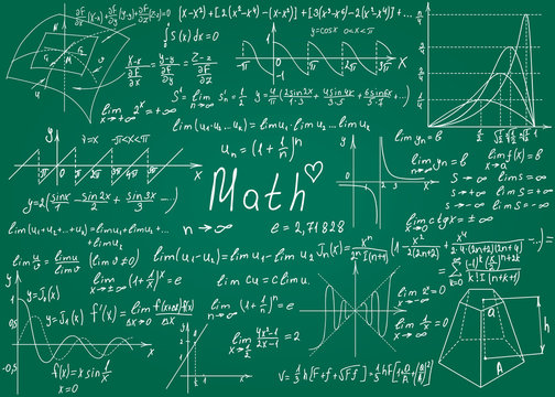 Mathematical formulas drawn by hand on the green chalkboard for the background. Vector illustration.