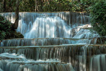 Close up of Huay Maekamin Waterfall Tier 1 (Dong Wan or Herb Jungle) in Kanchanaburi, Thailand; photo by long exposure with slow speed shutter
