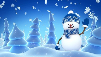 Happy Snowman in Blue Cap Greeting with Hand and Smiling in Evening Winter Forest. Beautiful 3d Cartoon Animation. Animated Greeting Card. Merry Christmas Happy New Year Concept. 4k UHD 3840x2160.