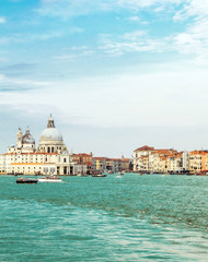 Fototapeta na wymiar Panorama of Venice,Italy,22 October 2018,view from the lagoon to the city of Venice, autumn Sunny day, blue sky with clouds