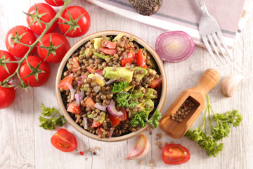 lentil with avocado, tomato and onion