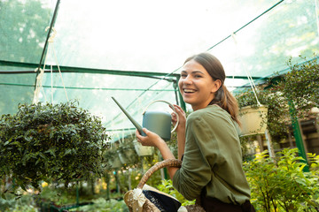 Woman gardener holding water can standing near flowers in greenhouse