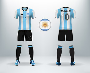 3D realistic of font and back of Argentina soccer jersey shirt with pants and Switzerland badge. Concept for national soccer team uniform or football apparel mockup template in vector illustration.