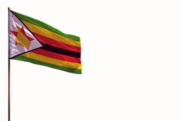 Fluttering Zimbabwe isolated flag on white background mockup with the space for your content.