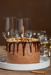 Homebaked Birthday Chocolate Cake. Wine Glass.