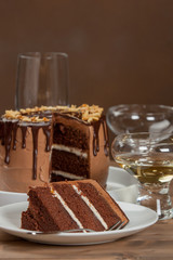 Homebaked Birthday Chocolate Cake. Wine Glass.