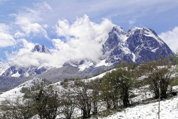 Obraz premium La montagne du Billare enneigée depuis le village de Lescun.