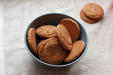 Oatmeal cookies in a gray bowl