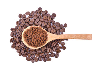 coffee beans and powder isolated on white background