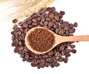 coffee beans and powder isolated on white background