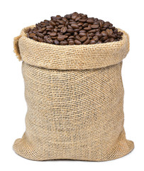Roasted coffee beans in a burlap sack. Sackcloth bag with coffee beans, isolated on white...