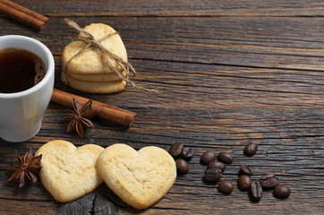 Heart-shaped cookies and coffee