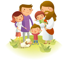Jesus Christ standing with two generation family