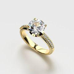 3D Gold diamond Ring isolated on white background.
