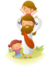 Jesus Christ carrying a boy on his shoulders with a girl sitting on the grass