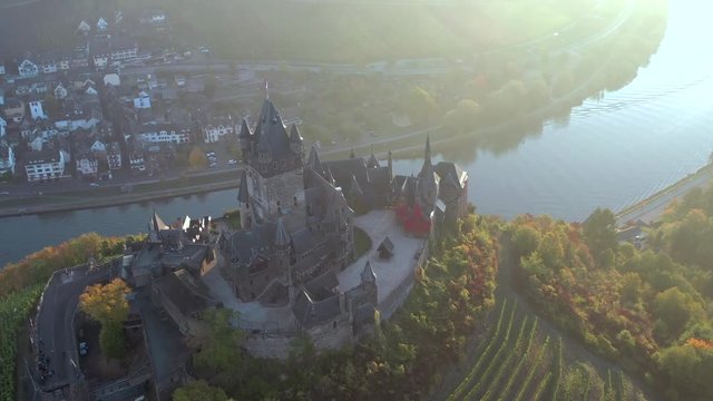 Autumnal Aerial View of Cochem Town in Germany and the Castle Overlooking the River