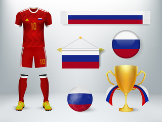 Russia soccer set collection. Concept design of soccer elements with uniform,exchange flag,soccer ball,cheering scarf and trophy cup with flag in vector illustration