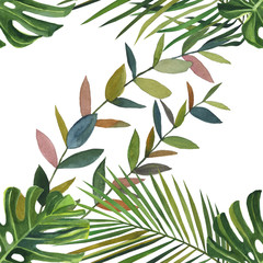 Watercolor tropical wildlife seamless pattern. Hand Drawn jungle nature, lemur, hibiscus flowers illustration