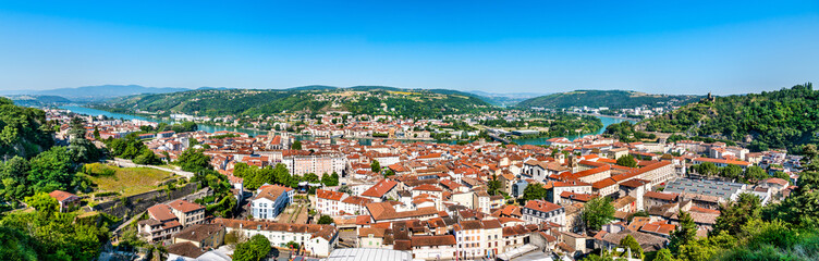 Fototapeta na wymiar Aerial panorama of Vienne with the Rhone river in France
