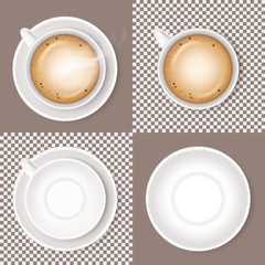 Set of coffee Beverage cappuccino, white ceramic cup or mug and empty round saucer isolated on transparent and light or craem background. Realistic vector illustration