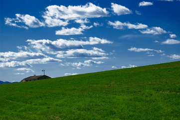 Meadow, sky, cloud and roof
