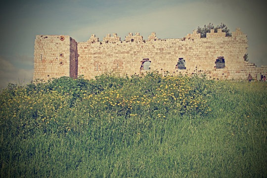 Vintage style Image of Ancient Fortress ruins Tel Aphek-Antipatr