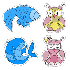 Set sticers of animals multicolored.Owls, whale, fish