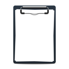Clipboard with attached blank white paper sheets. Realistic vector illustration isolated on white background
