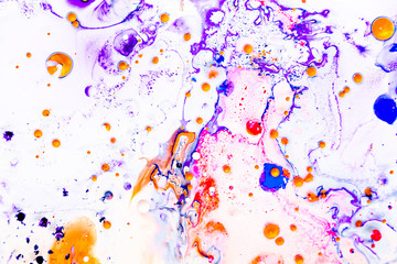 Fototapeta premium Abstract background with acrylic liquid textures. Modern artwork with spots and splashes of color paint. Applicable for into coffee packaging, labels, business cards, and interactive web backgrounds