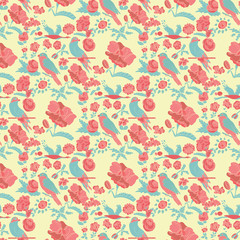 Background, texture with flowers and birds. Seamless. Doodle.