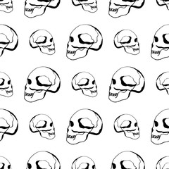 Human skull. Black pattern on a white background. Seamless. Sketch. 