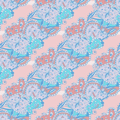 Abstract background of colors and patterns. Seamless. Doodle. Blue, Pink