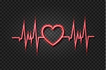 Vector Realistic Neon Heartbeat Illustration, Glowing Lines, Isolated.