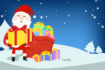 Kindness smiling Santa Claus hold a present box with sack of gifts on snow falling background. concept design for Christmas and new year postcard in vector illustration element.