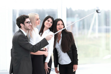 Group of Business People Enjoy Taking Selfie with Team Work after Meeting in Office