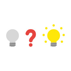 Vector icon concept of question mark between grey and glowing light bulbs
