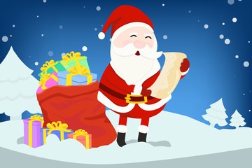 Kindness smiling Santa Claus read  a name list with sack of gifts on snow falling background. concept design for Christmas and new year postcard in vector element.