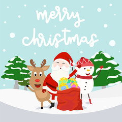 Fototapeta na wymiar Merry Christmas letter and group of Santa Claus, reindeer and snow man with present gift boxes on the snowy and christmas tree background. square size o Christmas card design in f vector illustration