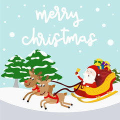 Merry Christmas greeting card. Kindness Santa Claus ring the bell and carry present gift on sleigh with reindeers on snowy and Christmas tree background. vector illustration design in square size