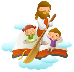 Jesus Christ rowing a book with two children sitting on it